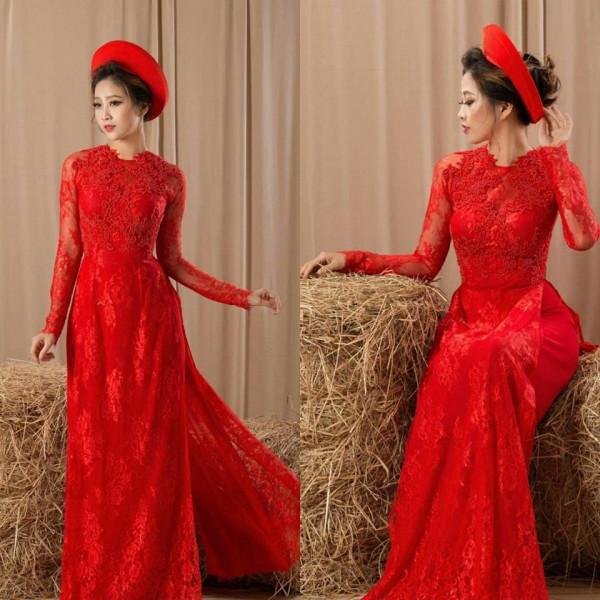 Áo dài cưới bằng gấm
